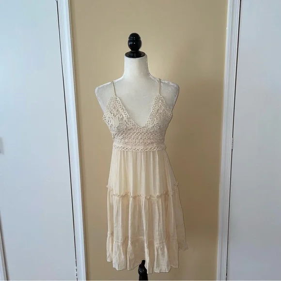 Beige Crochet Top Backless Mini Beach Coverup Dress - Picture 11 of 11